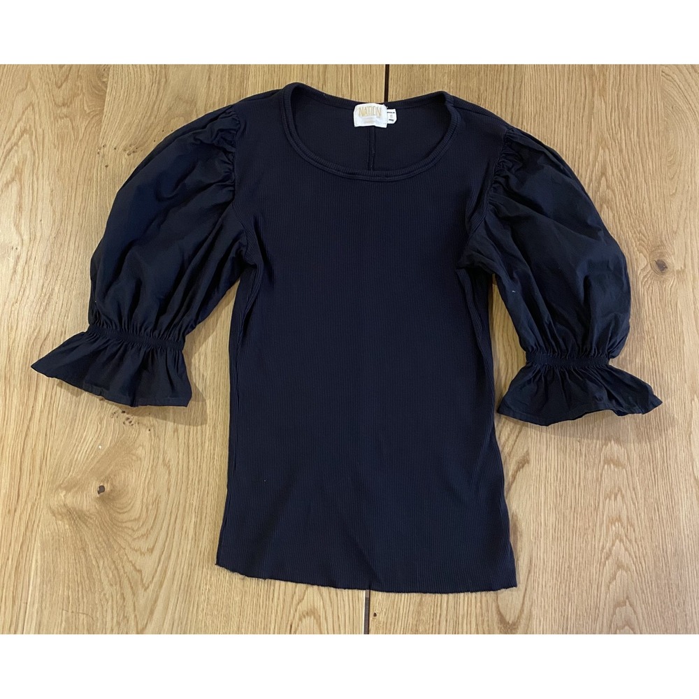 Nation LA Ribbed Blouse Women's Black Puff sleeve Strechy Snatched PIMA COTTON